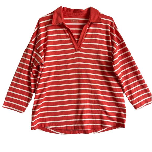 LL Bean Sz M Pullover Sweatshirt Striped Coral Orange White Nautical Split Neck - Picture 1 of 6